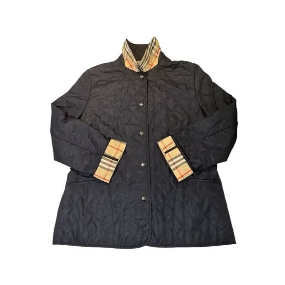 BURBERRY London Navy Blue Quilted Check Lined Jacket